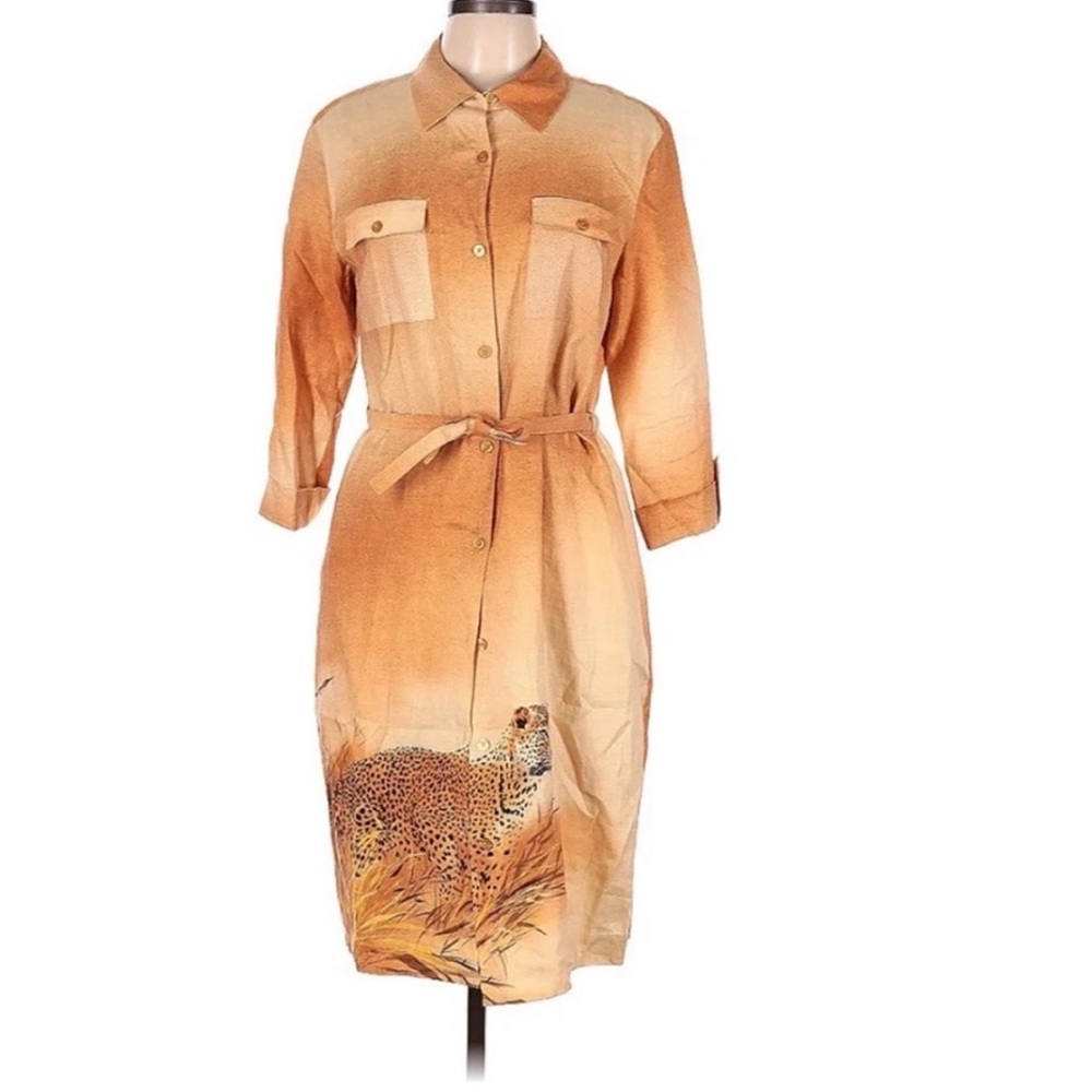 KulaKula Woman’s 12 Tan/Orange 100% Linen Cheetah Graphic Button Front Dress